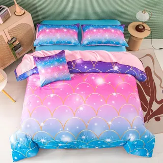 PERFEMET Pinkes Meerjungfrau-Bettwäsche-Set in voller Größe, 6-teilig, Bett in Einer Tasche, buntes Regenbogen-Bettwäsche-Set für Teenager, Mädchen, 3D-Glitzer, Ombre-Bett-Set mit Bettdecke und