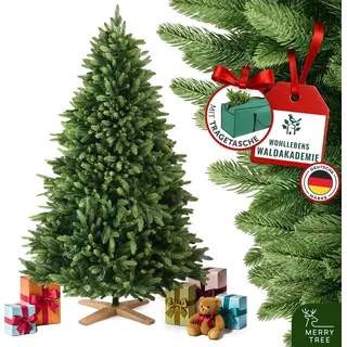 Merry Tree Luxus künstlicher Weihnachtsbaum 150cm - Weihnachtsbaum künstlich mit naturgetreuen PE-Spritzguss-Nadeln und edlem Holzfuß - Nordmanntanne - naturechter Baum Weihnachten - Xmas Tree - Grün