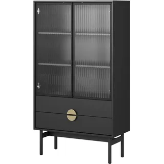 Selsey Vitrine Glas Vitrinenschrank Glasvitrine Wohnzimmer Glastür Niedrig 84 cm 2 Schubladen 3 Fächer Schwarz Stoon