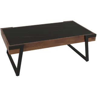 Mendler Couchtisch HWC-L89, Sofatisch Wohnzimmertisch, Eisen 43x120x64cm Sinterstein Marmor-Optik schwarz Holz dunkelbraun