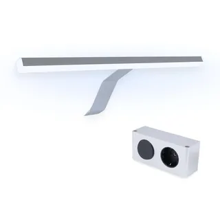 kalb | LED Aufsatz Spiegelleuchte Lancea 340mm tageslichtweiß, Set mit Schalter & Steckdose, silbergrau, 5000K, 470lm, 230VAC/12VDC, Plug & Play Beleuchtung für Spiegelschrank, Aufbauleuchte