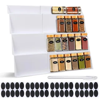 2Stk Gewürzregal Schublade, Gewürz Organizer Schublade Ausziehbar auf 60cm, 4-lagiges Stufendesign Gewürzregal Gewürze Aufbewahrung, Gewürzeinsatz Schublade, Gewürzschublade für Gewürz Organizer, weiß