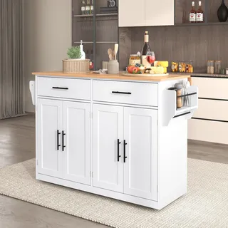 MODFU Sideboard Servierwagen mit klappbarer Tischplatte, 120x46(70)x91 cm, Schrank Buffet mit Rollen und austauschbaren Holzbeinen für Wohnzimmer, Schlafzimmer, Mehrzweckschrank, Weiß - Weiß
