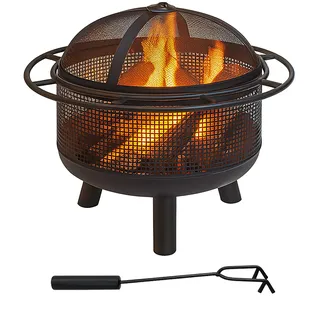 Relaxdays Feuerschale mit Funkenschutz, HD: 52x60 cm, Schürhaken, Garten & Terrasse, Outdoor Feuerstelle, Eisen, schwarz