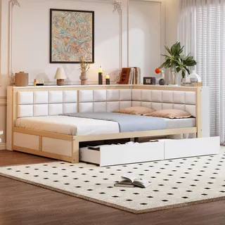 Sweiko Sofa-Holzbett 140 x 200, multifunktionales Bett mit weicher Rückenlehne, großer Stauraumschublade, Einzelbett, Jugendbett, Holzbett aus Kiefernholz, Holzfarbe - Weiß, Braun