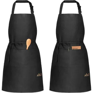 Viedouce 2 Pack Schürze,Baumwolle Kochschürze mit Taschen für Frauen Männer,Verstellbarem Schwarz Küchenschürze,Grillschürze,Backschürze,Chef Garten BBQ Schürzen,Einfach zu Reinigen, Schwarz