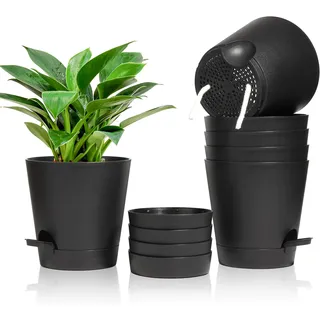 T4U 16,5cm Kunststoff Blumentopf mit Bewässerungssystem, 6er-Set Selbstbewässerung Übertopf mit Untersetzer, Rund Pflanzkübel für Innen und Balkon Garten Pflanzen Sukkulenten Kaktus, Schwarz