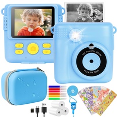 Kinderkamera-Sofortbildkamera mit Schutzhülle DigitalKamera Spielzeug für 3-10 Jahre Mädchen Junge Geschenk Fotokamera Sofortdruck 1080P 2,4" Bildschirm mit Druckpapier & 32GB Karte (Inst-Blau)