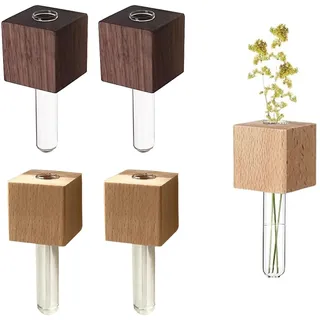 4 Stück Magnetic Wooden Vase Holder Magnetischer Holz Reagenzglashalter mit Glasröhrchen Mini Glass Test Tube Fridge Magnet Moderne Blumenvase für Kühlschrank und Wand Dekorative Flower Aufbewahrung