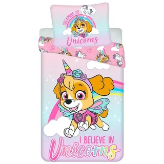 Jerry Fabrics Paw Patrol Kinderbettwäsche I Believe in Unicorns - Skye Einhorn Regenbogen Wolke Bettdecke 140 x 200 + Kopfkissen 70 x 90 cm 100% Baumwolle