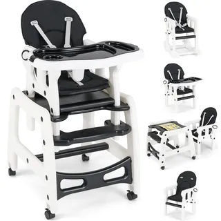 COSTWAY 3-in-1 Hochstuhl wandelbarer Fütterungsstuhl/Kinder Tisch und Stuhl Set mit abnehmbarem 4-Positionen Tablett Sitzkissen 3-stufiger Rückenlehne - Schwarz