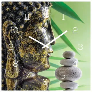 Wanduhr Glas 30x30cm Uhr Glasbild Buddha Kopf Steine Grün Wellness Wanddeko