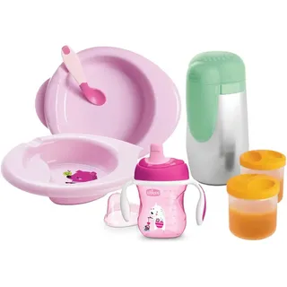 Chicco Baby Geschirr Set, Baby Geschirrset für Essen und Babynahrung, bestehend aus Tasse Training Cup, Erster Löffel, Teller, Babynahrung Teller und thermischer Speisenhalter, 6 M +, Rosa