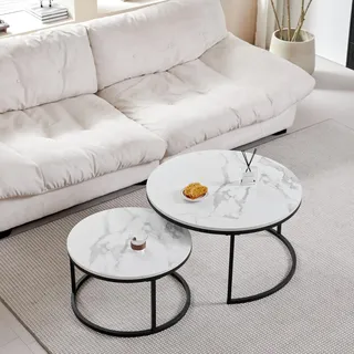 GrandCA HOME Couchtisch 2er Set,Stapelbarer Couchtisch, Couchtische Rund, Marmorierte MDF-Tischplatte, Schwarze Tischbeine aus Edelstahl,Geeignet für Wohnzimmer, Esszimmer(Ø80 x 45H cm,Ø60x35H cm)