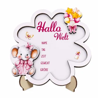 Sukizifa meilensteinkarten Baby Holz 16x15,2cm rosa Elefant Hello World Baby Holzschild mit standfuß 3-lagiges Holz Baby ankündigung geburtsanzeige Geschenk deko