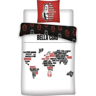 Haus des Geldes Bettwäsche135x200 Bella Ciao Fan-Bettwäsche 2-tlg. Set 100% Baumwolle - Weiß, Rot, Schwarz