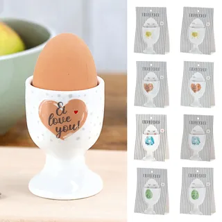 Cepewa Eierbecher 4er Set 4 Motive | Porzellan weiß 5x7cm | Halter für Eier mit Gute Laune Sprüche (1 x 4er Set Eierbecher 5x7cm)