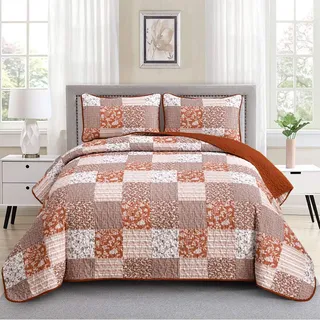 Mybedsoul Bettwäsche-Set für King-Size-Betten, 3-teilig, Boho-Plaid, Terrakotta-Blumenmuster, Mikrofaser, leicht, Bohemian-Bettwäsche, Tagesdecke, Decken-Set für alle Jahreszeiten (1 Steppdecke + 2