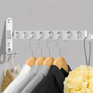 TINIFO Kleiderhaken Klappbar Wandmontage, Kleiderlüfter Klappbar aus Aluminium, Wand Kleiderständer, Wäschestange Wand Klappbar für Balkon, Bad, Waschküche und Schlafzimmer, (Silber 8 Löcher)