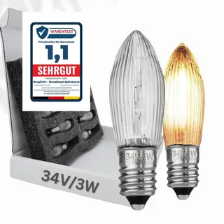 Berglicht 10x Glühbirne 'Berglämpl' E10 34V/3W Riffelkerze Spitzkerze Topkerze Glühlämpchen für Schwibbogen und Lichtbögen, Gelbglühend