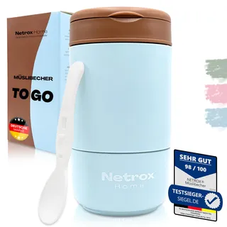NetroxHome - Müslibecher To Go mit Löffel, Auslaufsicherer Joghurtbecher To Go aus Edelstahl, Lunchbox, Müslibecher - To Go Becher für Müsli, Joghurt, Porridge, Suppen - Müsli To Go Becher - Kinder