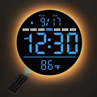 HAITANG Digitale Wanduhr Groß 20cm Rund, Wanduhr mit Fernbedienung, Automatischer Helligkeit, Temperatur, Sommerzeit (DST), Wecker mit Werktags/Wochenend-Modus, LED Digitaluhr für Schlafzimmer