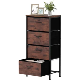 FANTASK Kommode Stoffschubladen, Schubladenschrank mit Holzplatte Metallrahmen platzsparend, Sideboard Aufbewahrungsschrank 4 Fächer für Flur Wohnzimmer, 45 x 30 x 95 cm, Braun