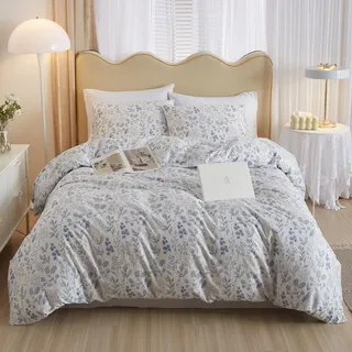 HighBuy 3-teiliger Bettbezug, Queen-Size-Größe, weißer Bettbezug mit blauem Blumendruck, weiche Baumwolle, Boho-Stil, ästhetisches Queen-Bettwäsche-Set mit Reißverschluss, 4 Bänder