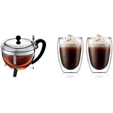 Bodum CHAMBORD Teebereiter (Edelstahlfilter, Edelstahldeckel, 1,0 liters) glänzend & 4559-10 pavina 2-teiliges Gläser-Set (Doppelwandig, Isoliert, Mundgeblasen, 0,35 liters) transparent