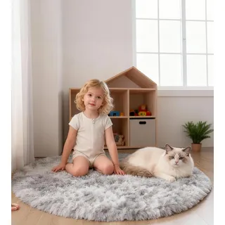 MARATIP Teppich Rund Wohnzimmer 150 cm Hellgrau Schlafzimmer Hochflor-Teppich Waschbarer Anti-Rutsch Weicher Flauschige Modern