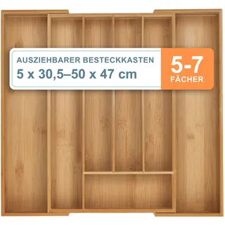 Relaxdays Besteckkasten ausziehbar 5–7 Fächer 5 x 30,5-50 x 47 cm Bambus Natur