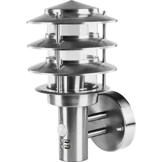 Grafner Design Edelstahl Wandlampe mit Bewegungsmelder und 1x E27 Fassung, IP44 Wand Außenleuchte, 360° rundum Lichtschein, für außen und innen, KEIN ROST - mit Klarlack beschichtet, Wandleuchte