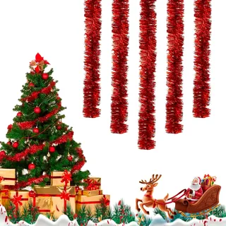 10M Lametta Weihnachtsbaum Rot,Girlande Weihnachten Deko,Christmas Tree Garland,Rote Weihnachtsdeko Tannenbaum Kette Schwer Stanniol,Weihnachtsgirlande für Weihnachts Vorhang Christbaum Outdoor (Rot)