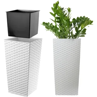 KADAX Pflanzkübel mit Innentopf, Höhe 36cm, Weiß Rattan – Wetterfester Blumentopf für Innen & Außen, ideal für Garten, Balkon & Terrasse, zum Bepflanzen, Dekorieren und als stilvoller Übertopf