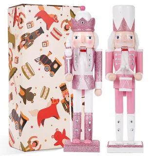 VorFor 2 Stück Set Rosa König+Trommelmann Nussknacker Figur, 30CM Nussknacker Weihnachten Dekoration,Holzhandwerk Deko Zuhause Geschenk,Rosa Zuhause Kamin Weihnachtsdekorationen.