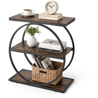 VEVOR Beistelltisch, Schmaler 3-stufiger Nachttisch mit Offenen Ablagefächern, Moderner Nachttisch mit Rundem Metallgestell, Couchtisch aus Holz für Wohnzimmer Schlafzimmer Büro, Rustikales Braun