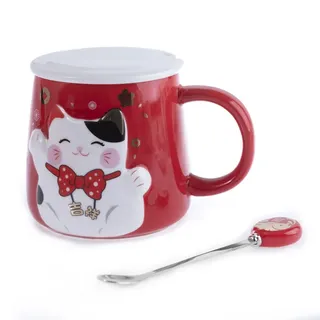 Lachineuse - Tasse mit Relief – Dekor Katze Maneki Neko – Farbe Rot – mit Löffel – japanische Dekoration – Geschenkidee Japan Asien