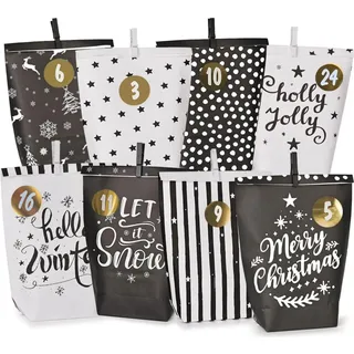 Adventskalender zum Befüllen - Schwarz-Weiß Motiv-Papier Tüten - Weihnachtsdekoration