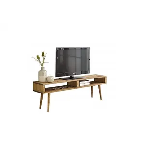 HOGAR24 ES TV-Tisch, TV-Möbel, Wohnzimmer, Vintage-Design, 2 Löcher, Massivholz, natürliches Holz, handgefertigt, 140 cm x 40 cm x 30 cm