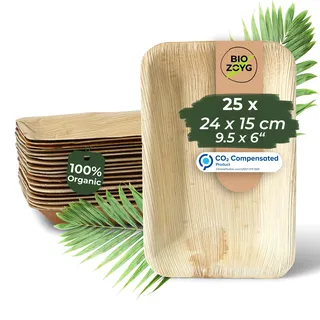 BIOZOYG Einwegteller 25 Stück 24 x 15 cm - Palmblatt Teller Wegwerfgeschirr rechteckig & kompostierbar - Einweg Partygeschirr, Alternative zu Plastiktellern