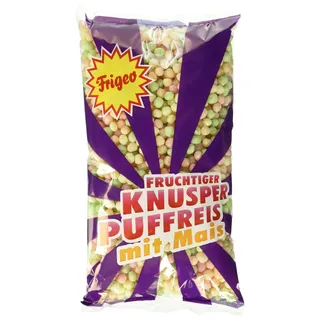 Frigeo Knusper-Puffreis – luftiger und fruchtiger Knusper-Spaß, Tüte mit buntem Mais-Puffreis zum Naschen und Knabbern, im Vorrats-Pack, 15 x 80 g, Reis