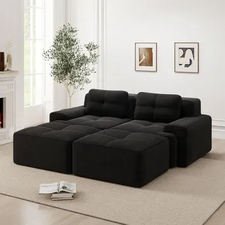 Cloud Modulsofa, Boneless U-Form, Cord, 2-Sitzer, Ottoman, montagefrei, tiefe Sitzfläche (Black)