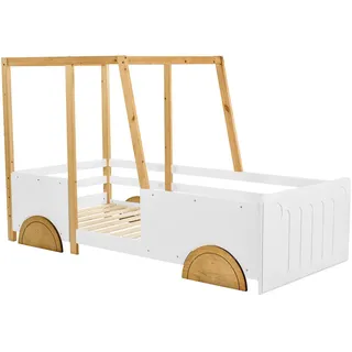 Stilvora Autobett 90/200 cm in Weiß & Natur mit Schutzzäunen Kiefernholz-Design , Weiß, Naturfarben , Holzwerkstoff , 90x200 cm , Babymöbel & Kindermöbel, Kinderzimmer & Jugendzimmer, Kinderbetten, Spielbetten