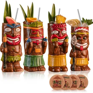 USEEKRIL Cocktail-Tiki-Becher, 4er-Set – Exotischer Becher mit 4 Untersetzern und 4 Strohhalmen, süße Cocktail gläser aus Keramik im Hawaii-Stil für Partys und tropische Tiki-Bars