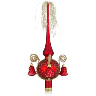 Weihnachtsbaumspitze mit Formglöckchen rot matt,umsp. L ca. 28cm d(Kugel) 7cm mundgeblasen,handdekoriert,Leonischer Draht Lauschaer Glas