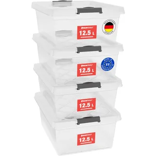 ATHLON TOOLS 4x 12.5 L Aufbewahrungsboxen mit Deckel, lebensmittelecht - Verschlussclips - 100% Neumaterial Plastik-Box transparent - Kleiderboxen stapelbar...