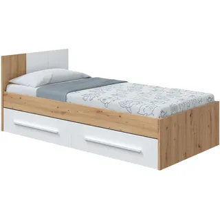 Habitdesign Einzelbett mit 2 Schubladen, Jugendbett, Kinderbett, Modell Noa, Artik und Eiche, Maße: 196 cm (Länge) x 97 cm (Breite) x 77 cm (Höhe)