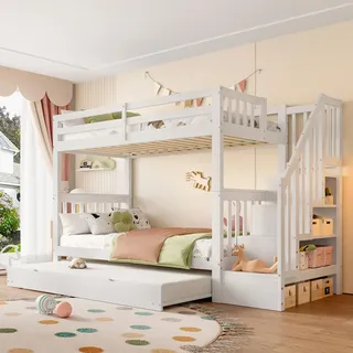 Flieks Etagenbett 90x200cm mit Stauraumtreppe, Hochbett mit Ausziehbett, Kinderbett mit Rausfallschutz und Lattenrost, Stockbett Einzelbett, Weiß - Weiß