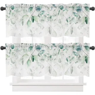 Ausing Ausig Bistrogardine Kurzer Fenster Elegante Blumen Bedruckte Vorhänge 2er Set Volants Wohnzimmer Schlafzimmer Balkon, Grün