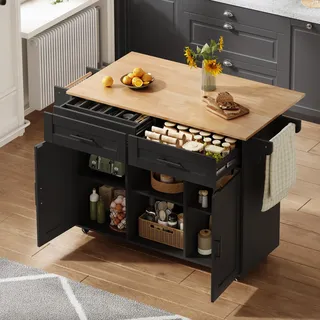 okwish Kücheninsel,Küchenwagen mit verstellbaren Regalen und 5 Rollen,Küchentisch mit klappbarer Arbeitsplatte,Sideboard mit Schubladen,Schwarz - Schwarz